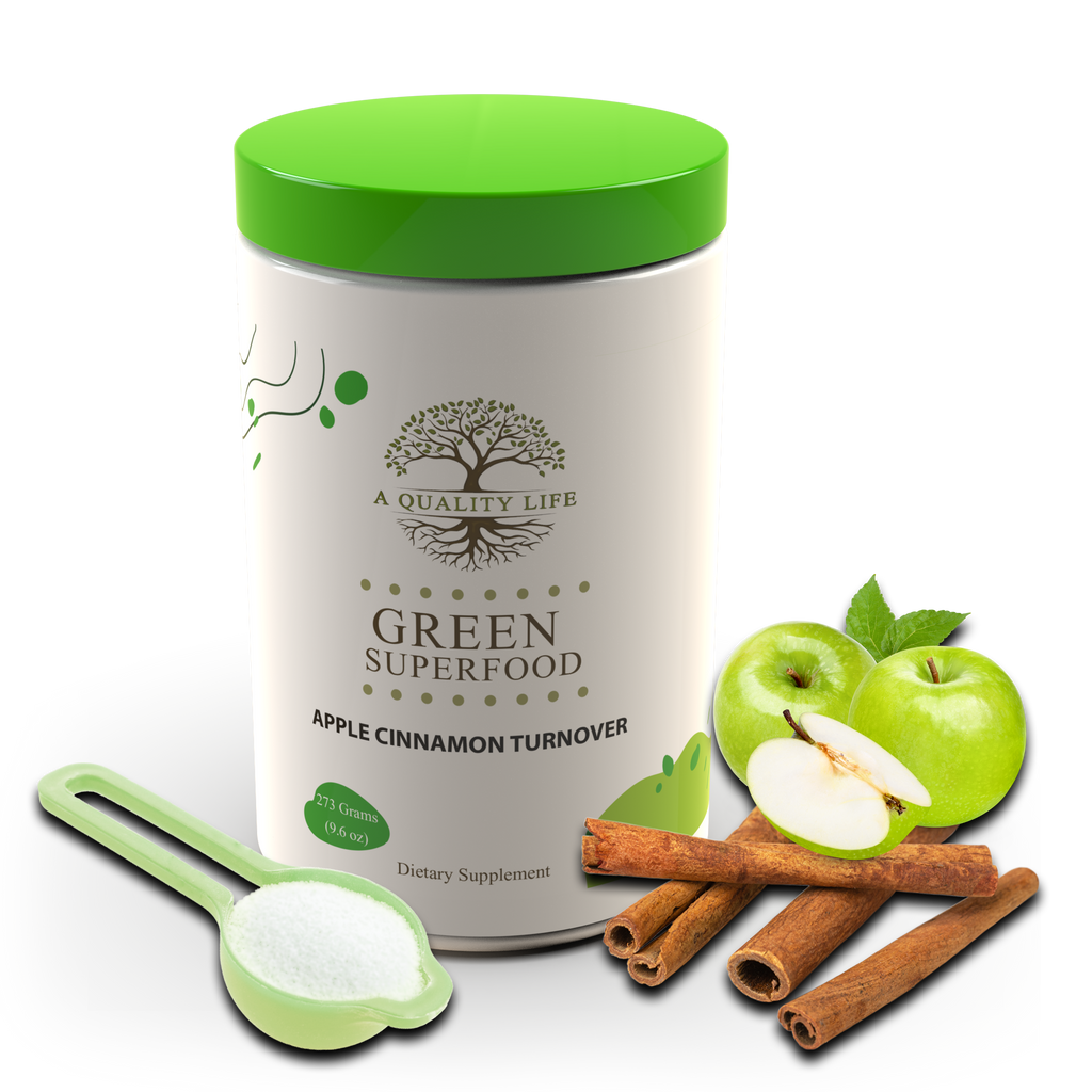 Dietary supplement container labeled 'Green Superfood' with apples and cinnamon sticks on a white background