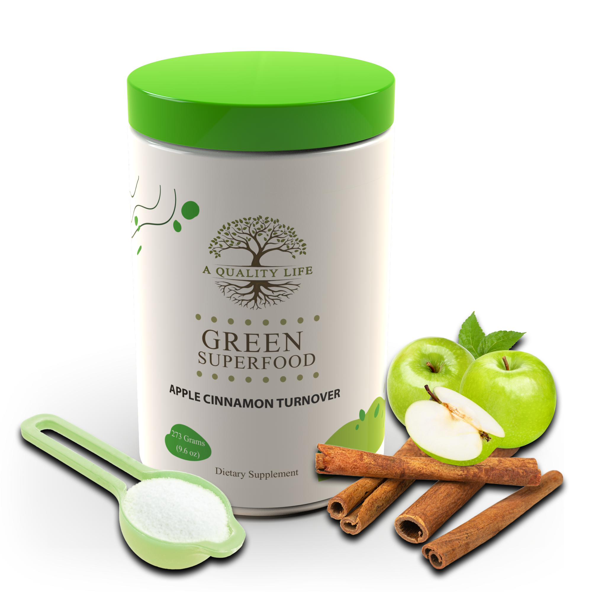 Dietary supplement container labeled 'Green Superfood' with apples and cinnamon sticks on a white background