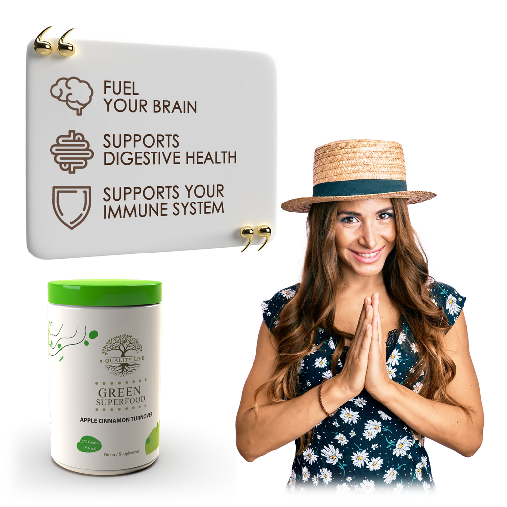 Woman with a hat next to a container of green superfood and promotional sign about health benefits.