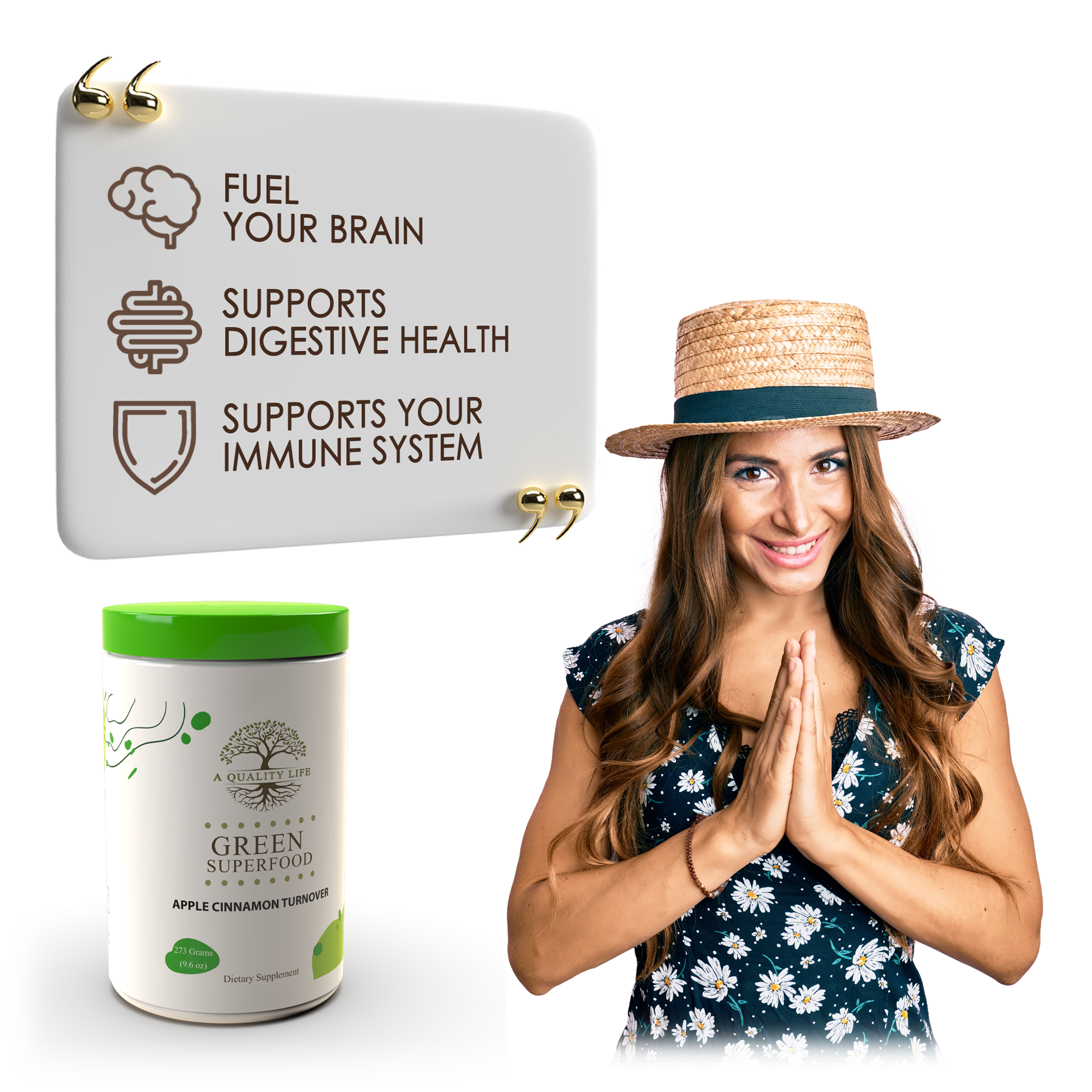 Woman with a hat next to a container of green superfood and promotional sign about health benefits.