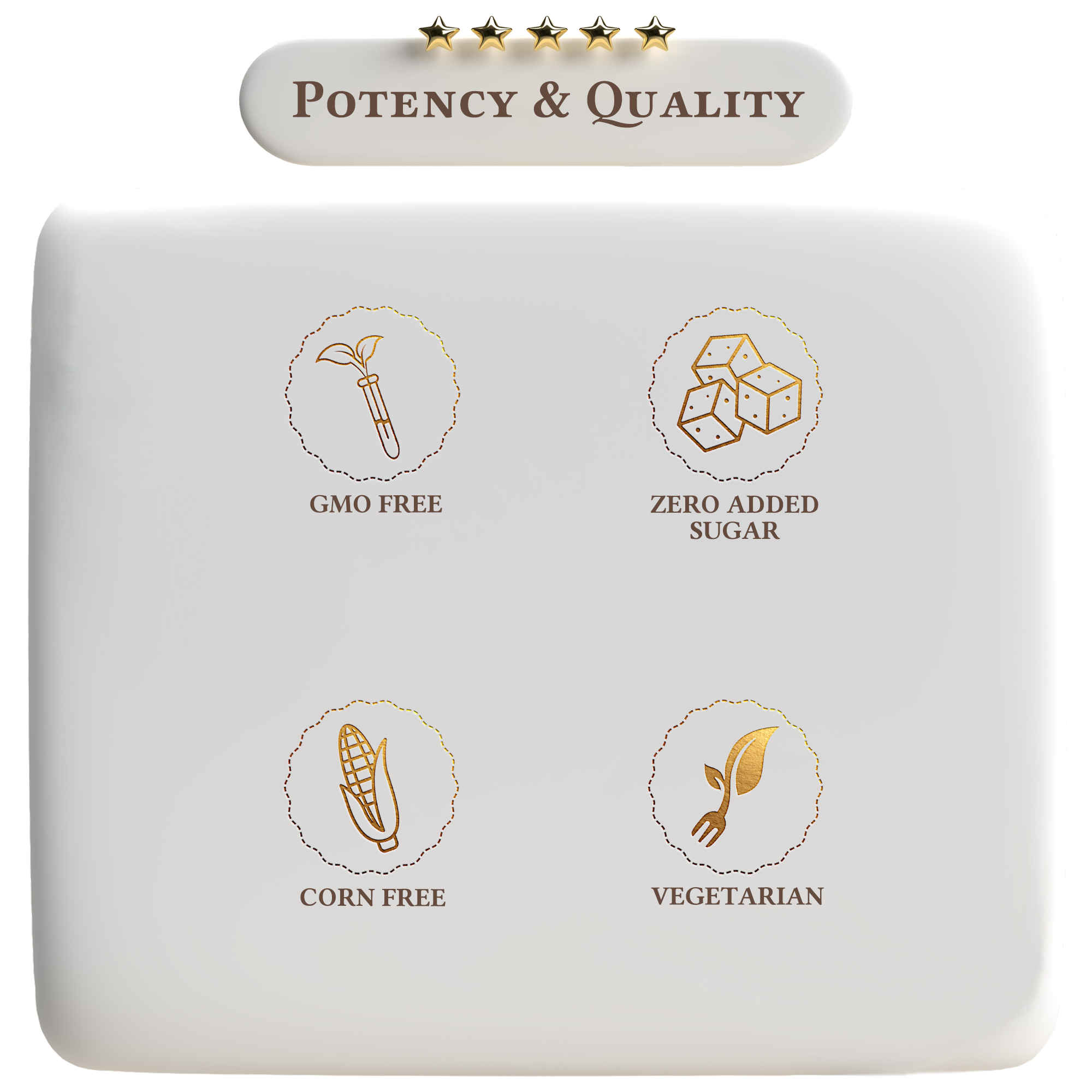 Product packaging with icons and text indicating 'GMO Free', 'Zero Added Sugar', 'Corn Free', and 'Vegetarian' on a white background.