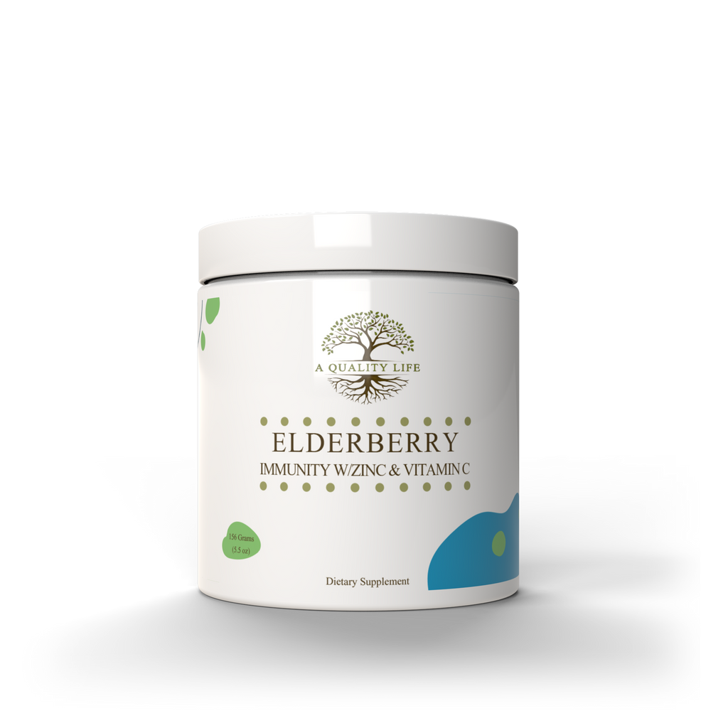 Dietary supplement container labeled 'Elderberry Immunity with Zinc & Vitamin C' on a white background