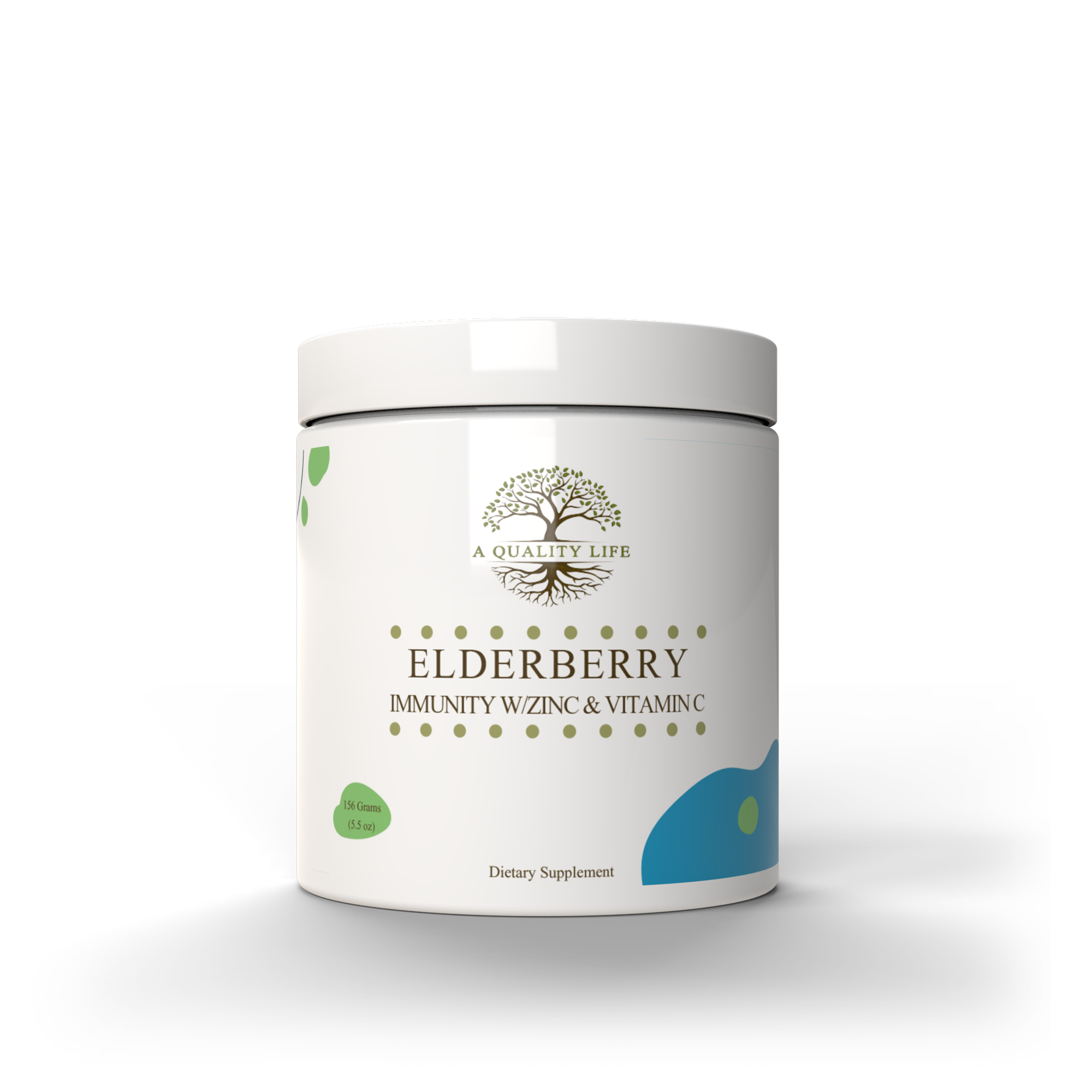 Dietary supplement container labeled 'Elderberry Immunity with Zinc & Vitamin C' on a white background