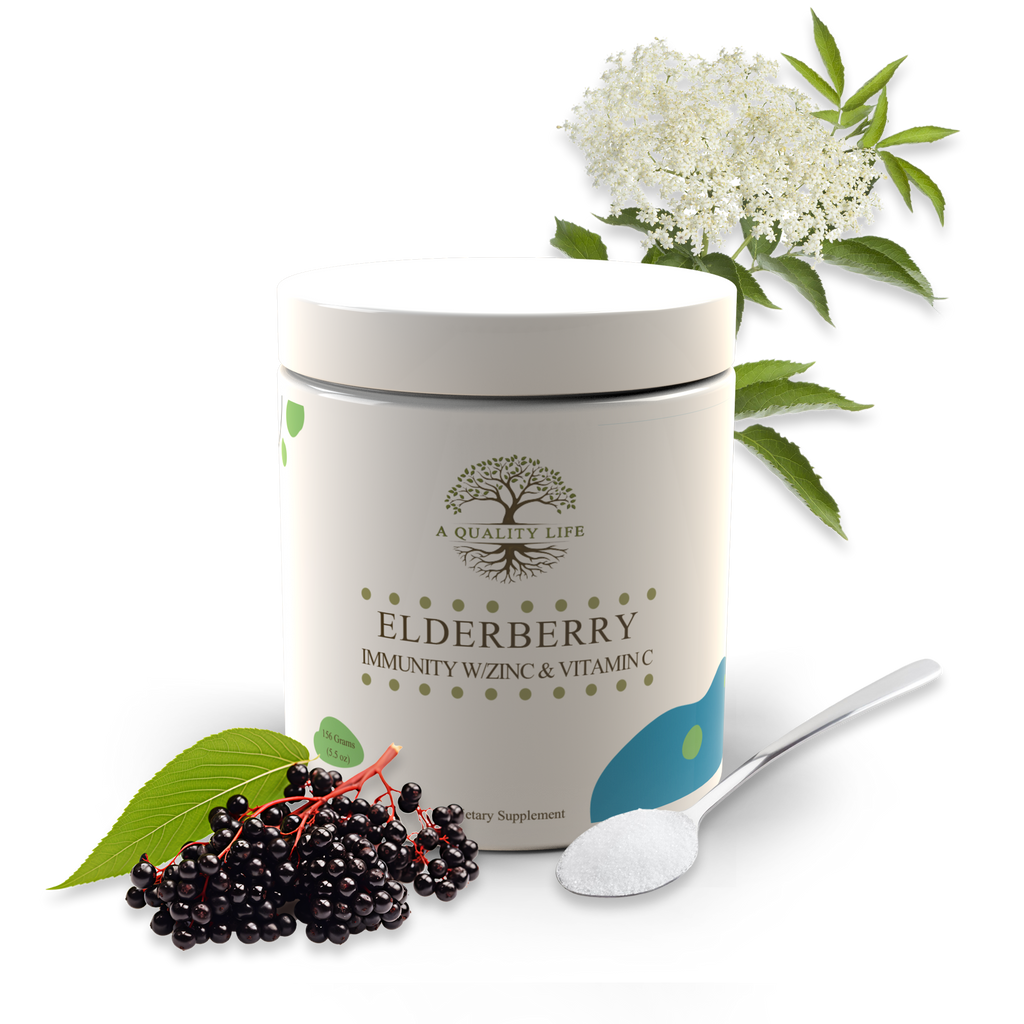 Elderberry supplement container with elderberries, a spoon, and white flowers on a white background
