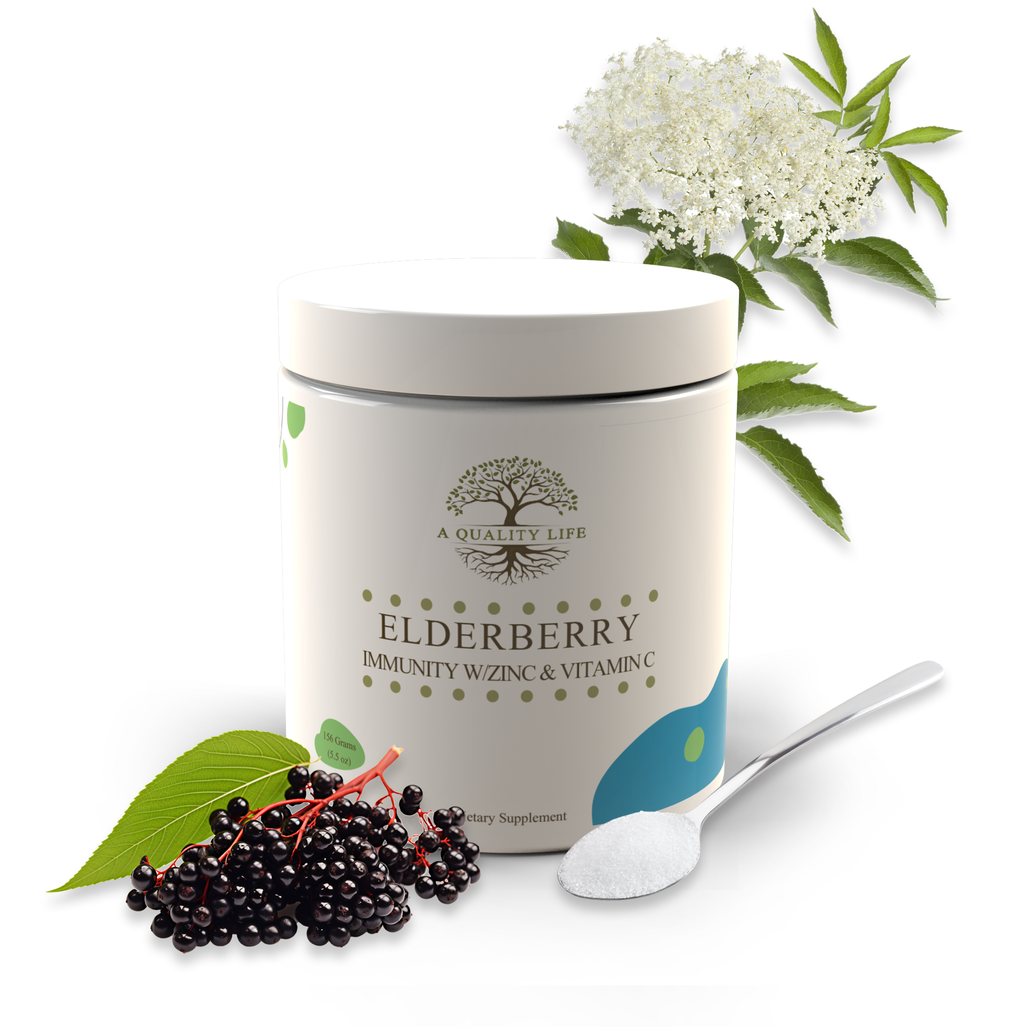 Elderberry supplement container with elderberries, a spoon, and white flowers on a white background