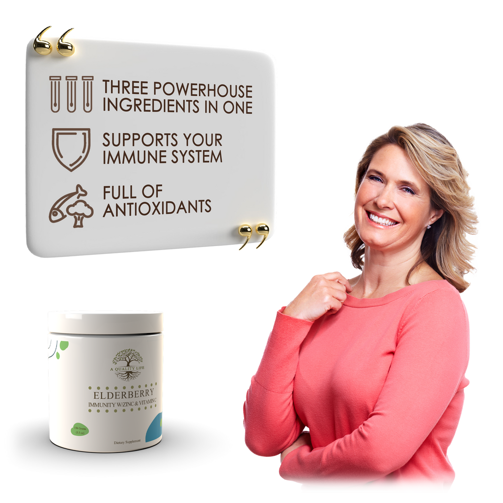 Woman in pink shirt with a product container and text about immune system support and antioxidants on a white background