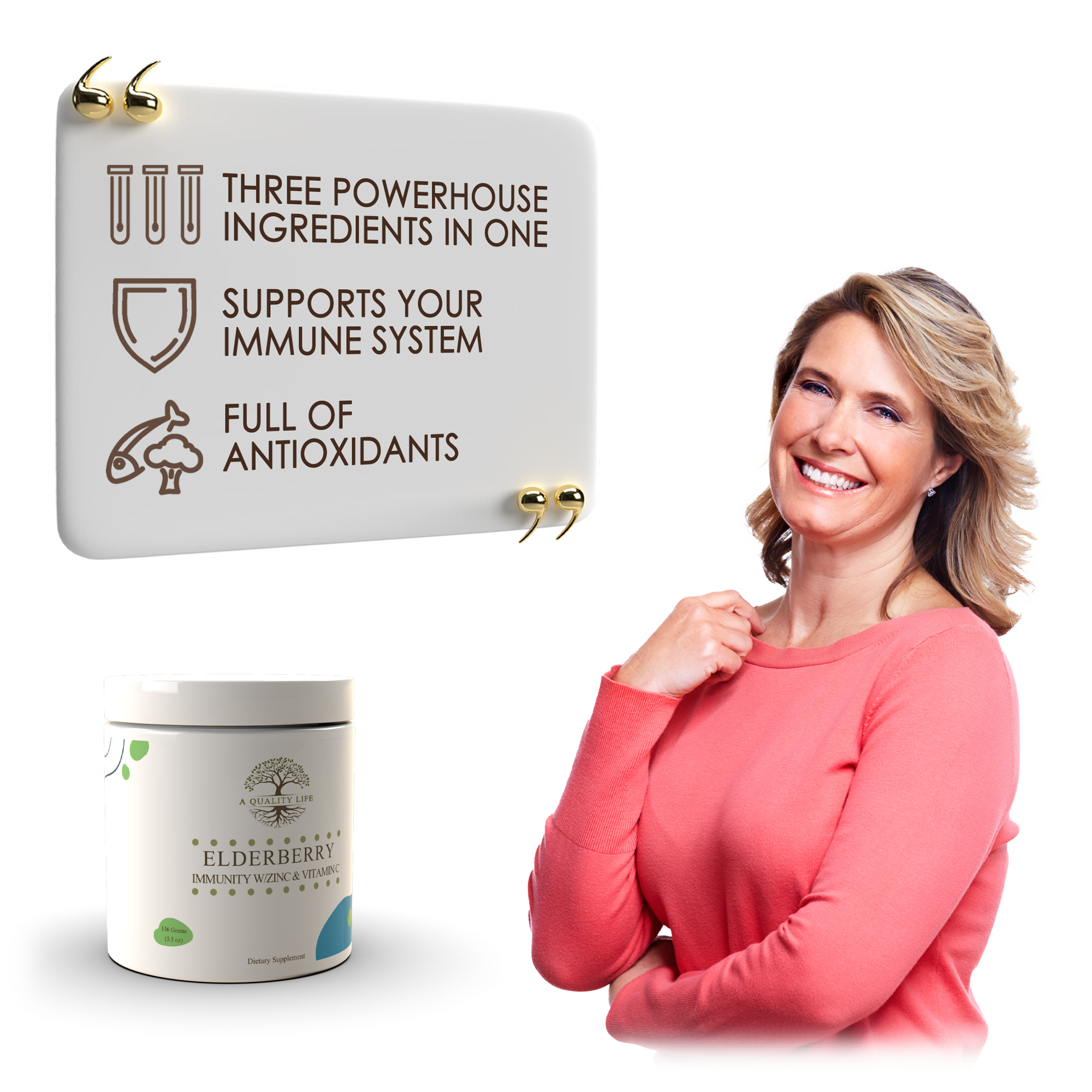 Woman in pink shirt with a product container and text about immune system support and antioxidants on a white background