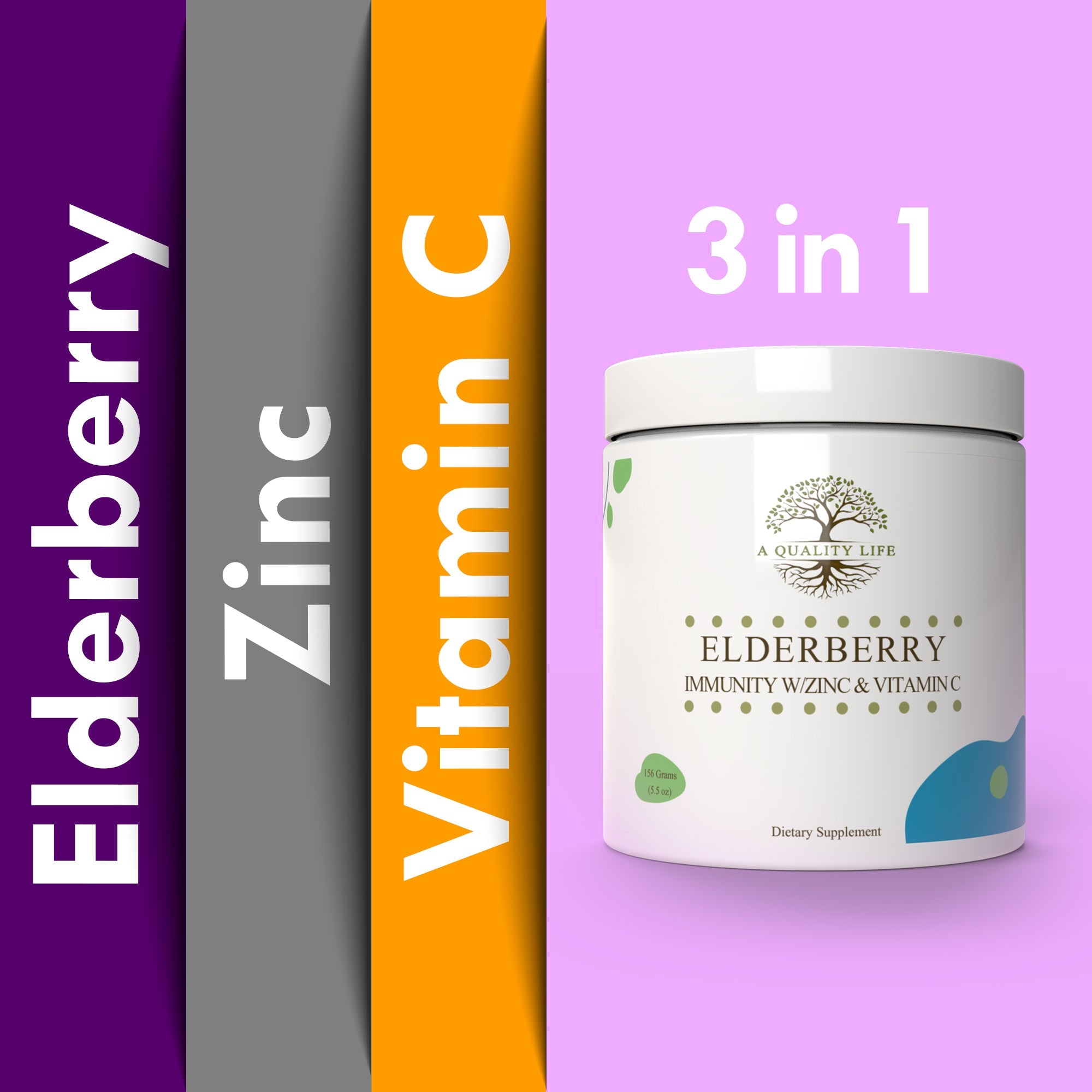 Supplement container labeled 'Elderberry', 'Zinc', 'Vitamin C' with a purple and orange background.