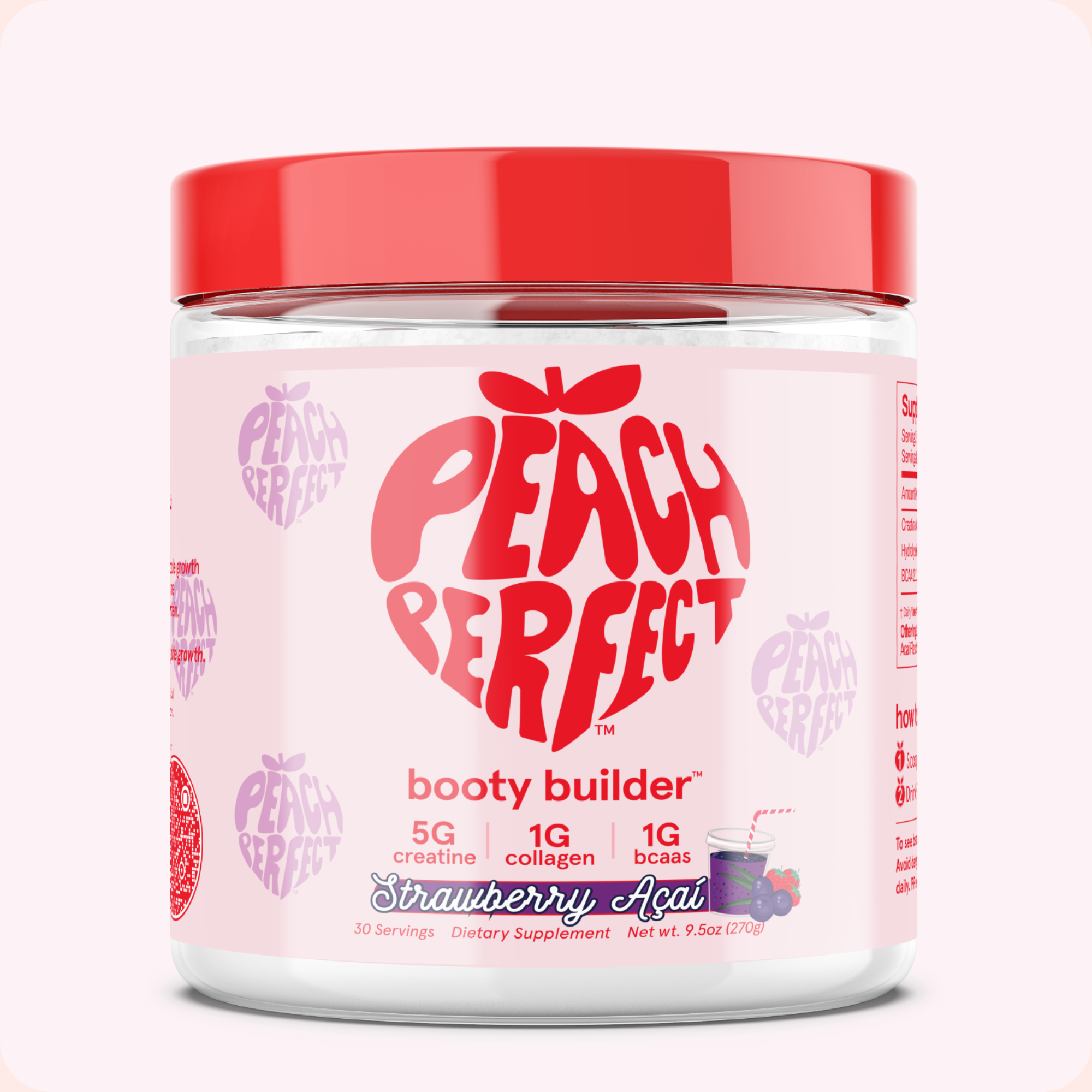 Peach Perfect Booty Builder supplement jar with red lid on a white background