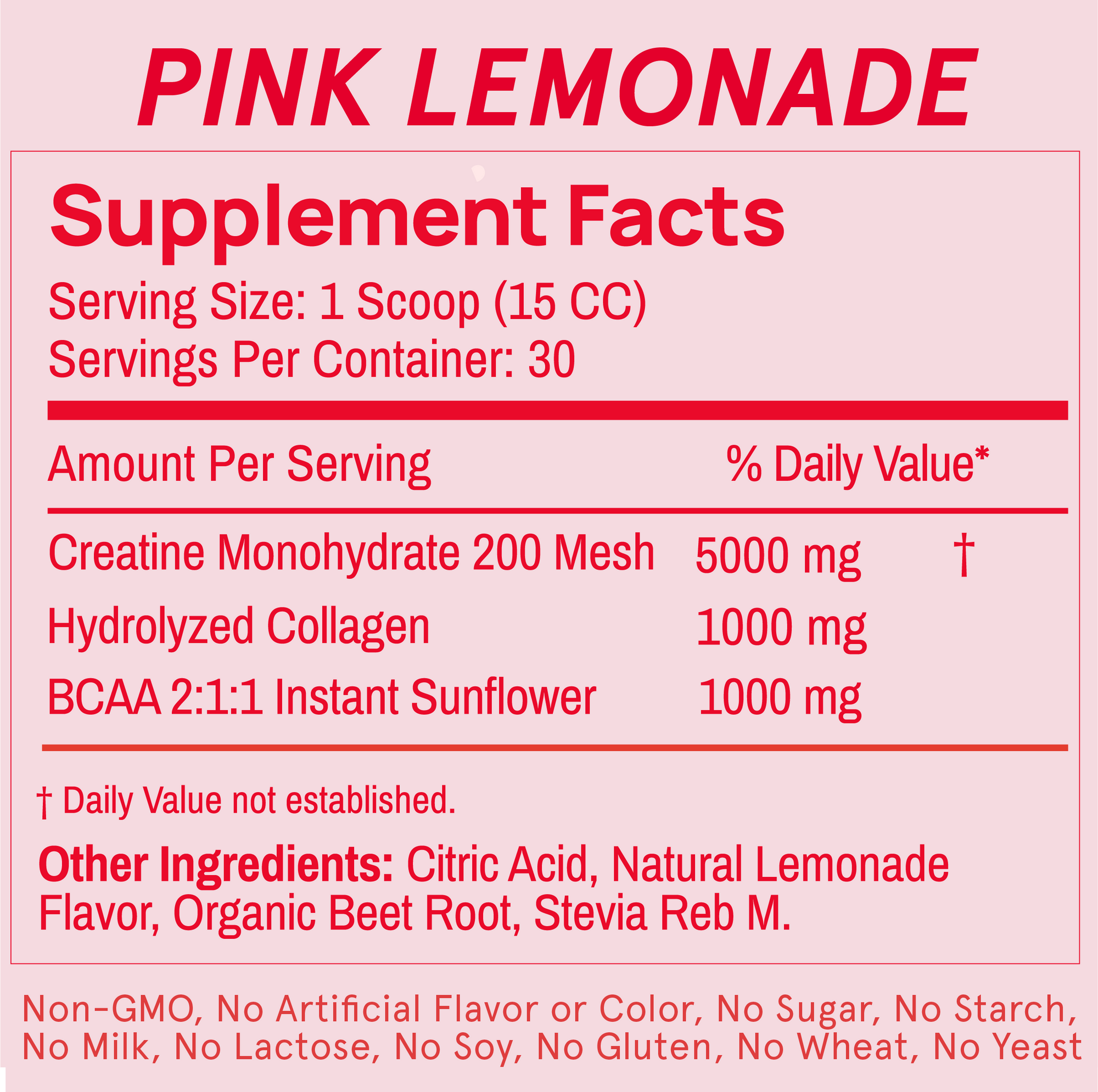 Supplement facts label for Pink Lemonade with red text on a pink background