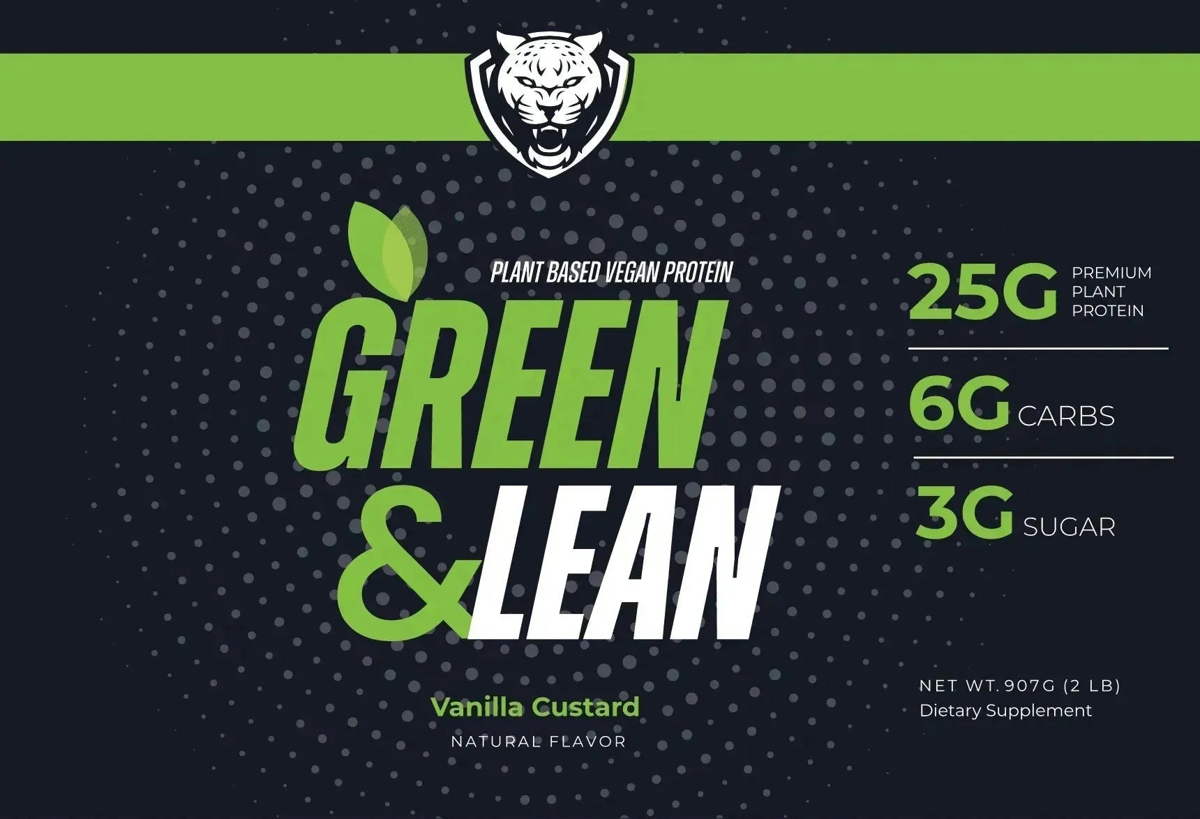 Green and Lean protein supplement label with tiger logo on a dark background