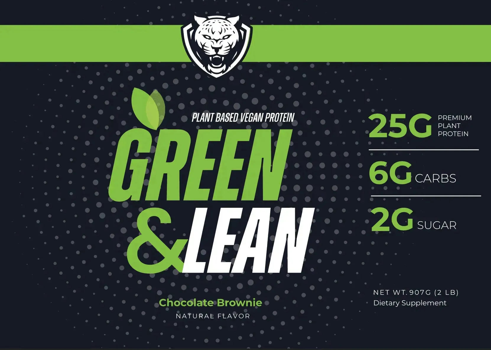 Green and Lean protein package with branding and nutritional information on a dark background