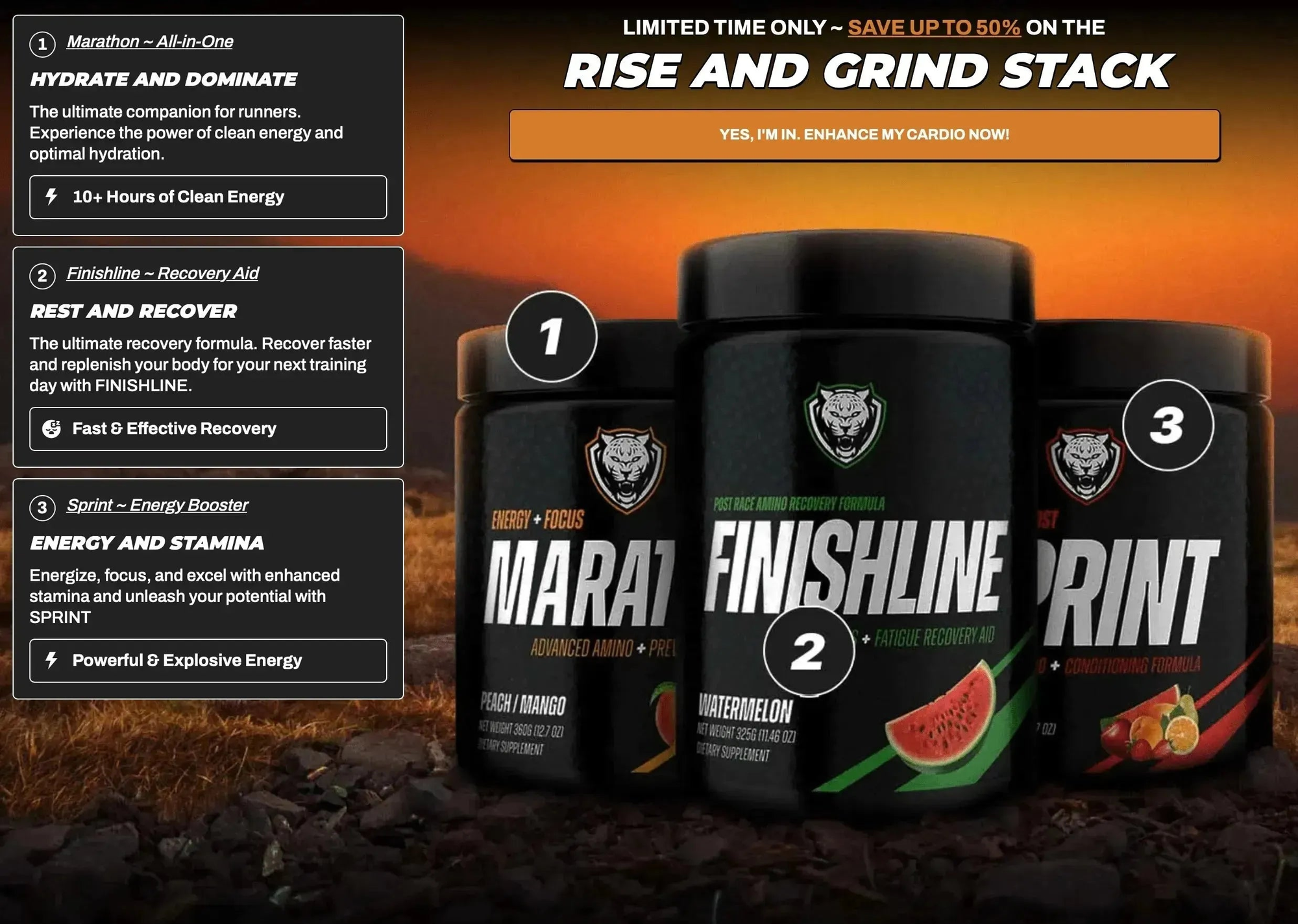Three supplement bottles labeled 'Marat', 'Finishline', and 'Print' with promotional text on an orange background.