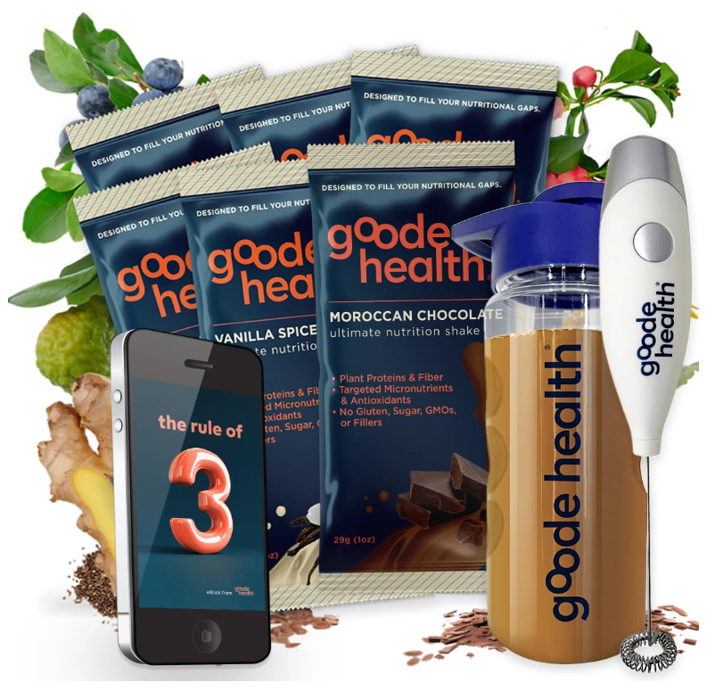 Goode Health products including protein powder packages, a shaker, and a phone with branding.