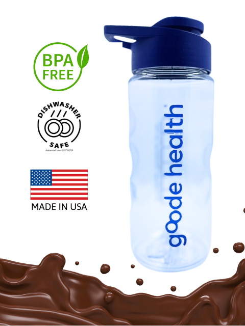 Clear water bottle with blue lid labeled 'goode health' on a white background with icons indicating BPA-free, dishwasher safe, and made in USA.