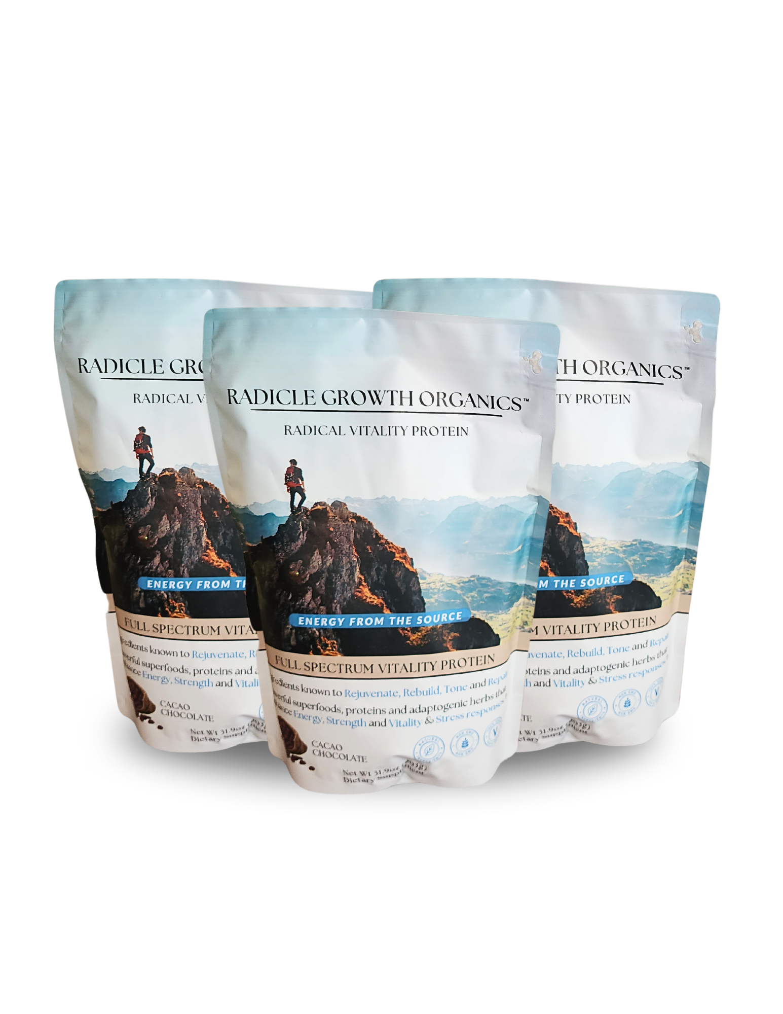 Three packages of Radicle Growth Organics Radical Vitality Protein on a white background