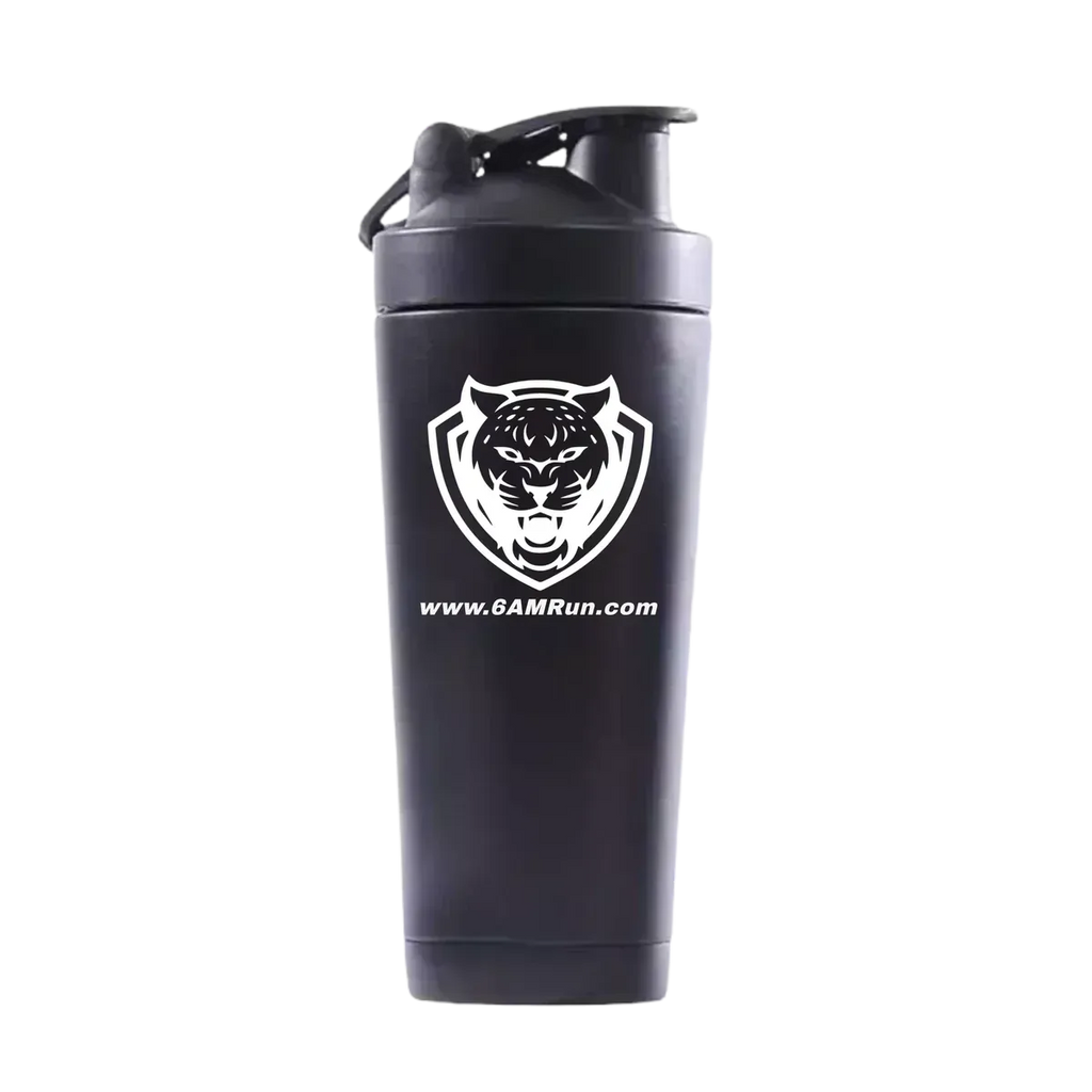 Black shaker bottle with a white logo and text on a white background