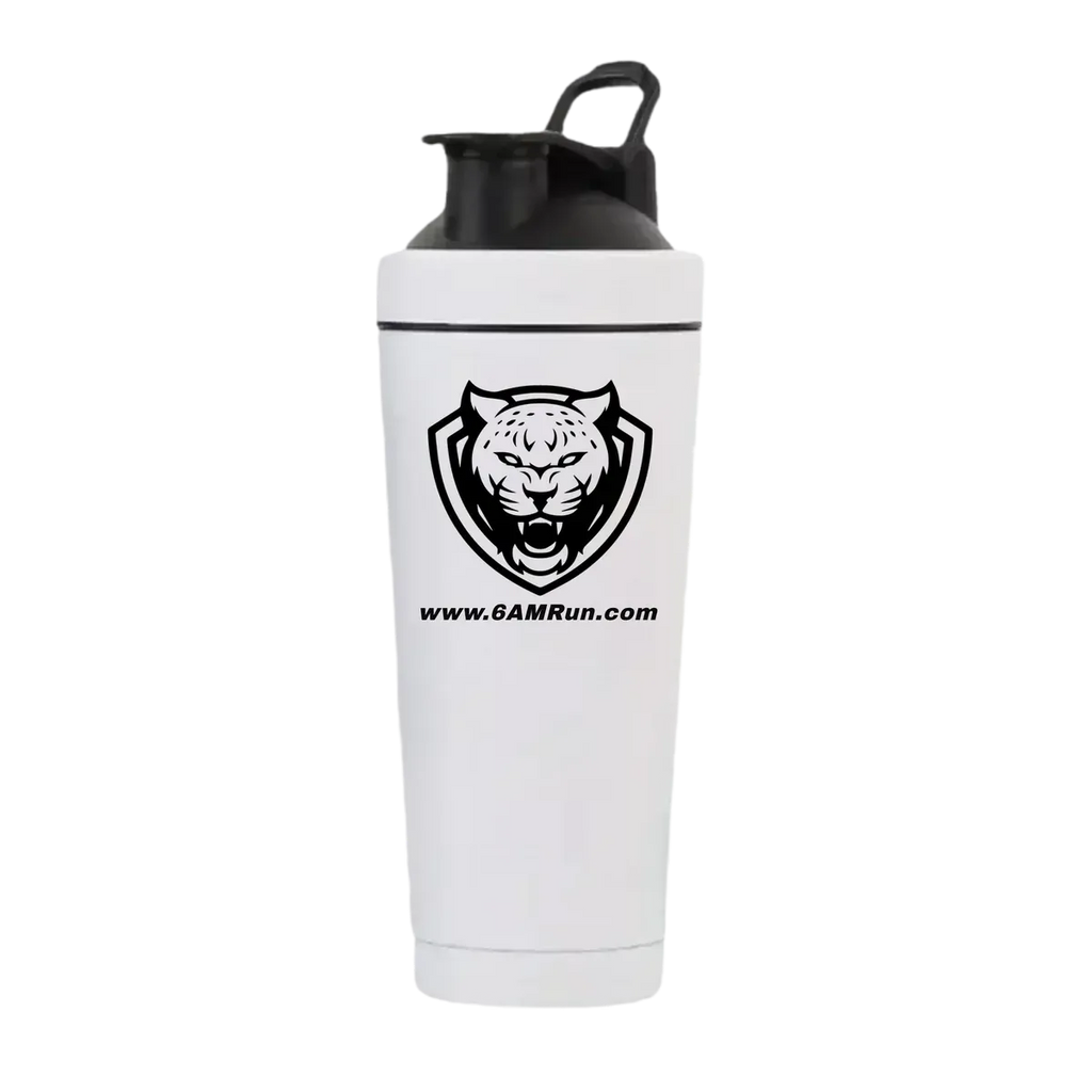 White shaker bottle with black tiger logo and 'www.6AMRun.com' text on a white background