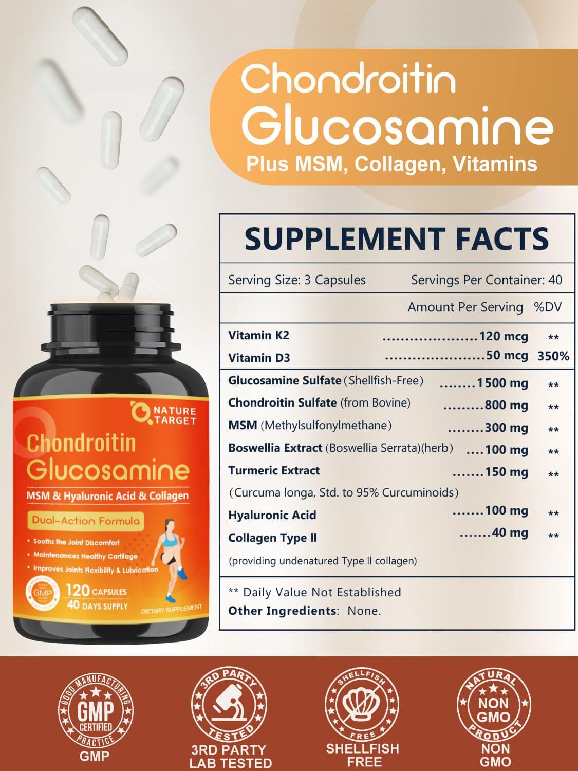 Supplement bottle of Chondroitin Glucosamine with label and supplement facts on a beige background