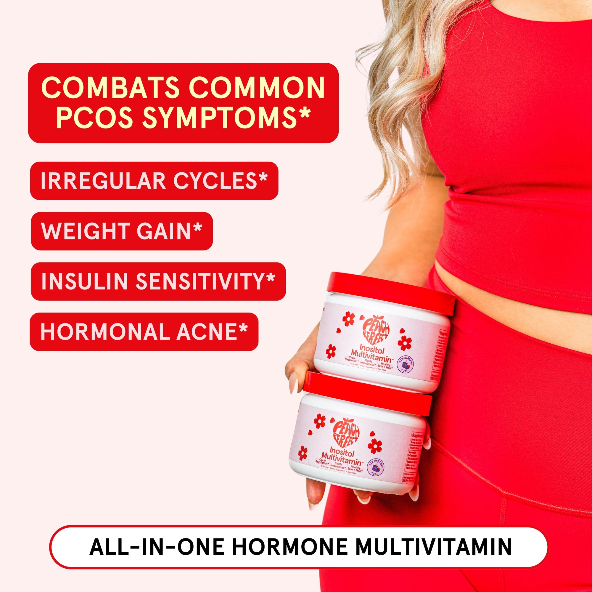 Woman holding hormone multivitamin containers with text about PCOS symptoms and benefits on a white background