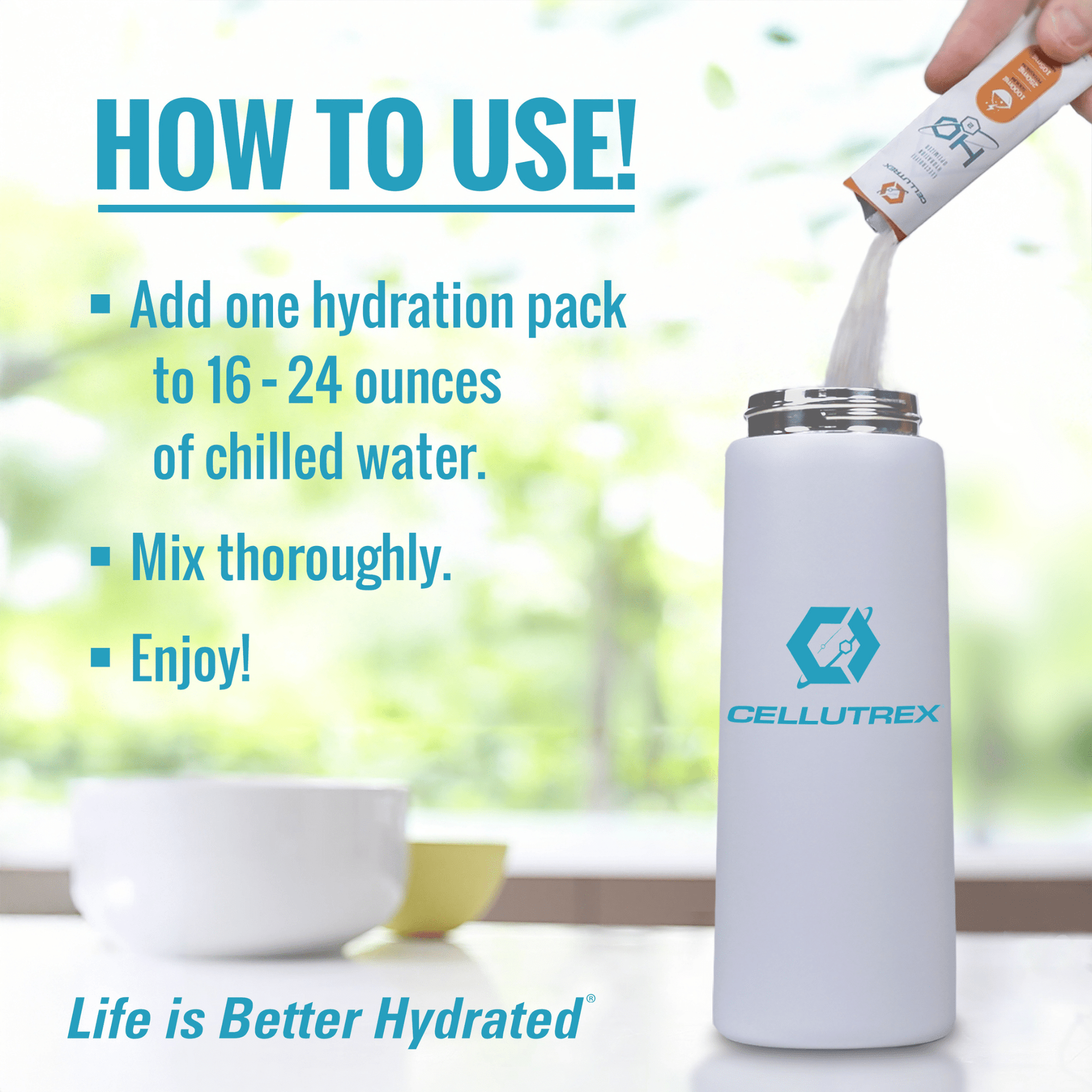 White water bottle with CELLUTREX branding and instructions on how to use a hydration pack.