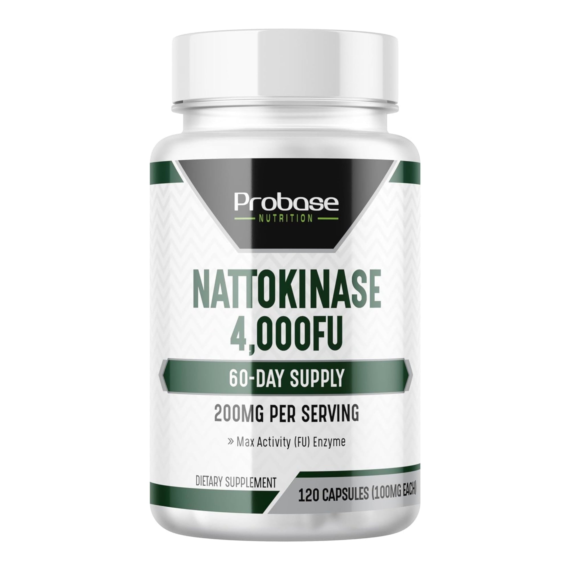 Supplement bottle labeled 'Nattokinase 4,000FU' by Probase Nutrition on a white background