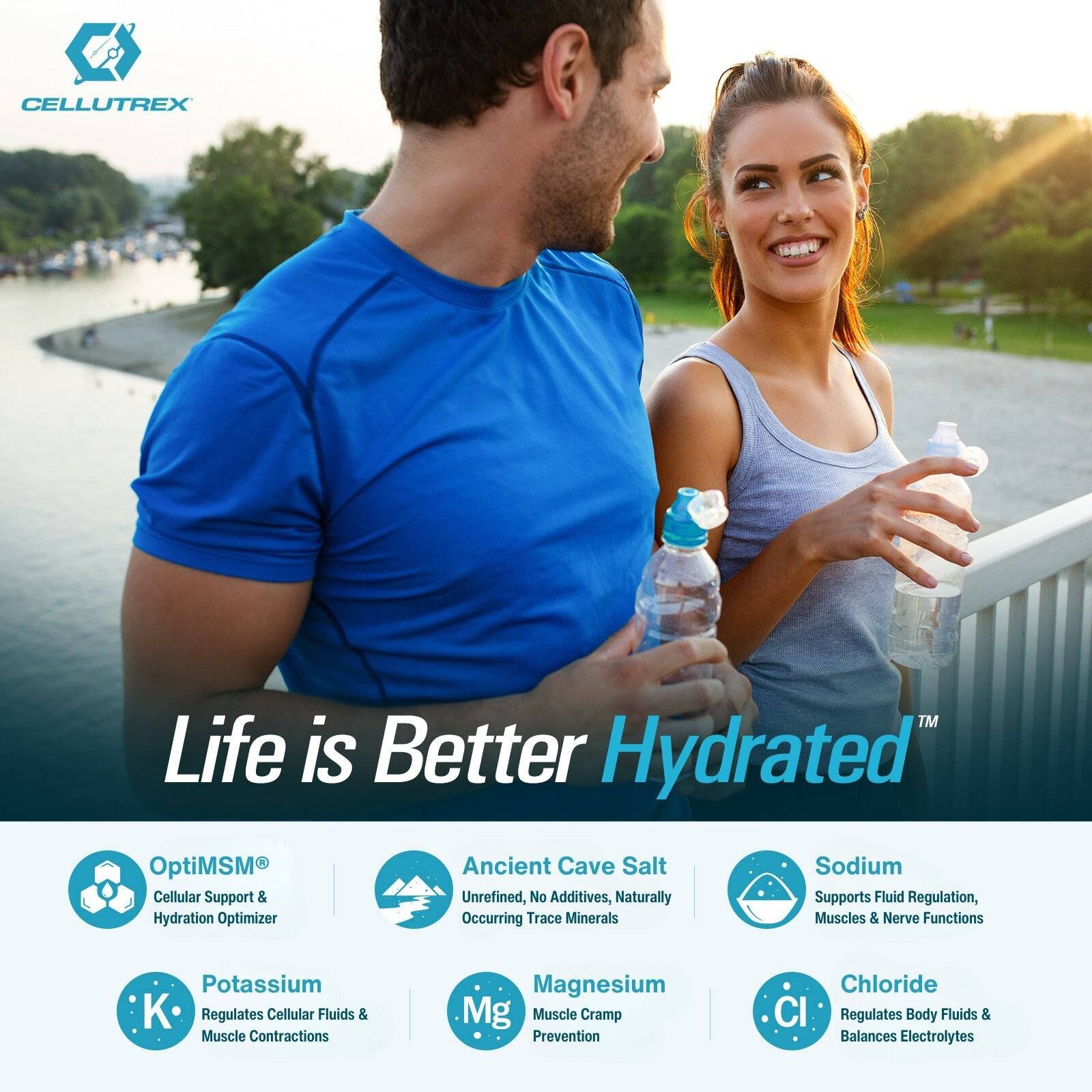 Man and woman by a lake holding water bottles with Cellutrex branding and 'Life is Better Hydrated' message.
