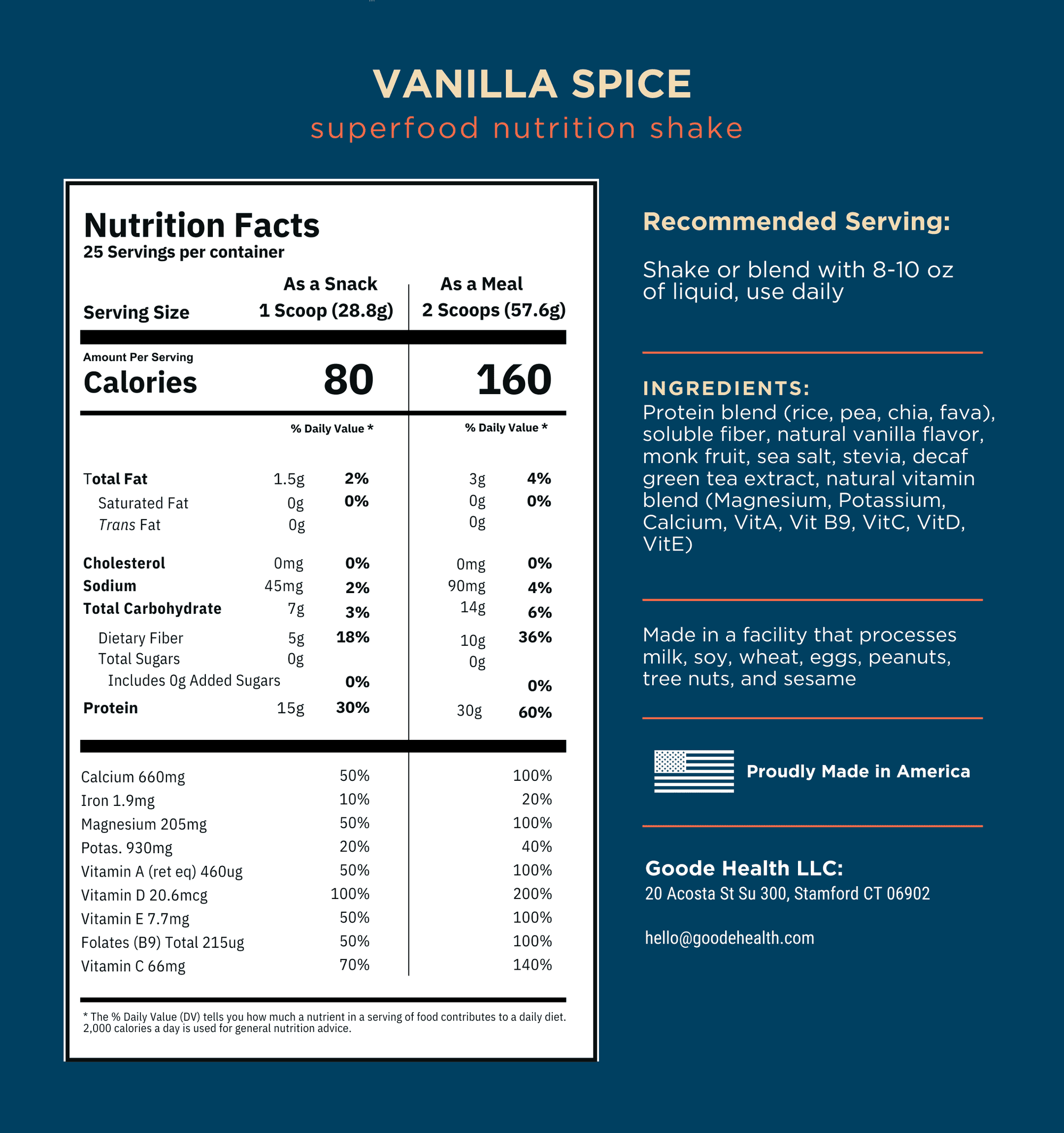 Nutrition label for Vanilla Spice superfood nutrition shake with serving size, calories, and ingredients listed.
