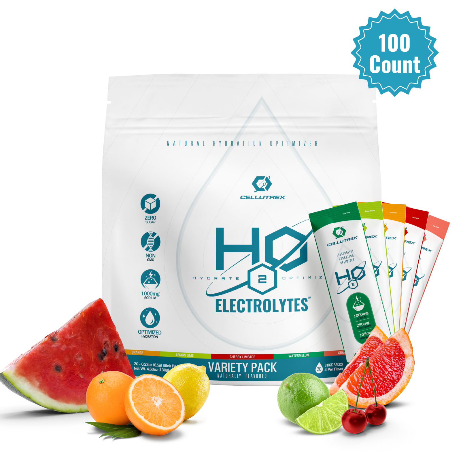 Cellutrex H2O Electrolytes variety pack with fruit slices on a white background
