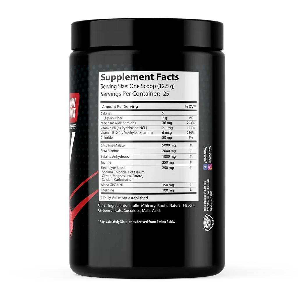 Black supplement container with supplement facts label on a white background