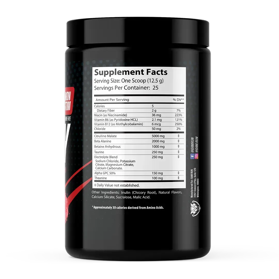 Black supplement container with supplement facts label on a white background