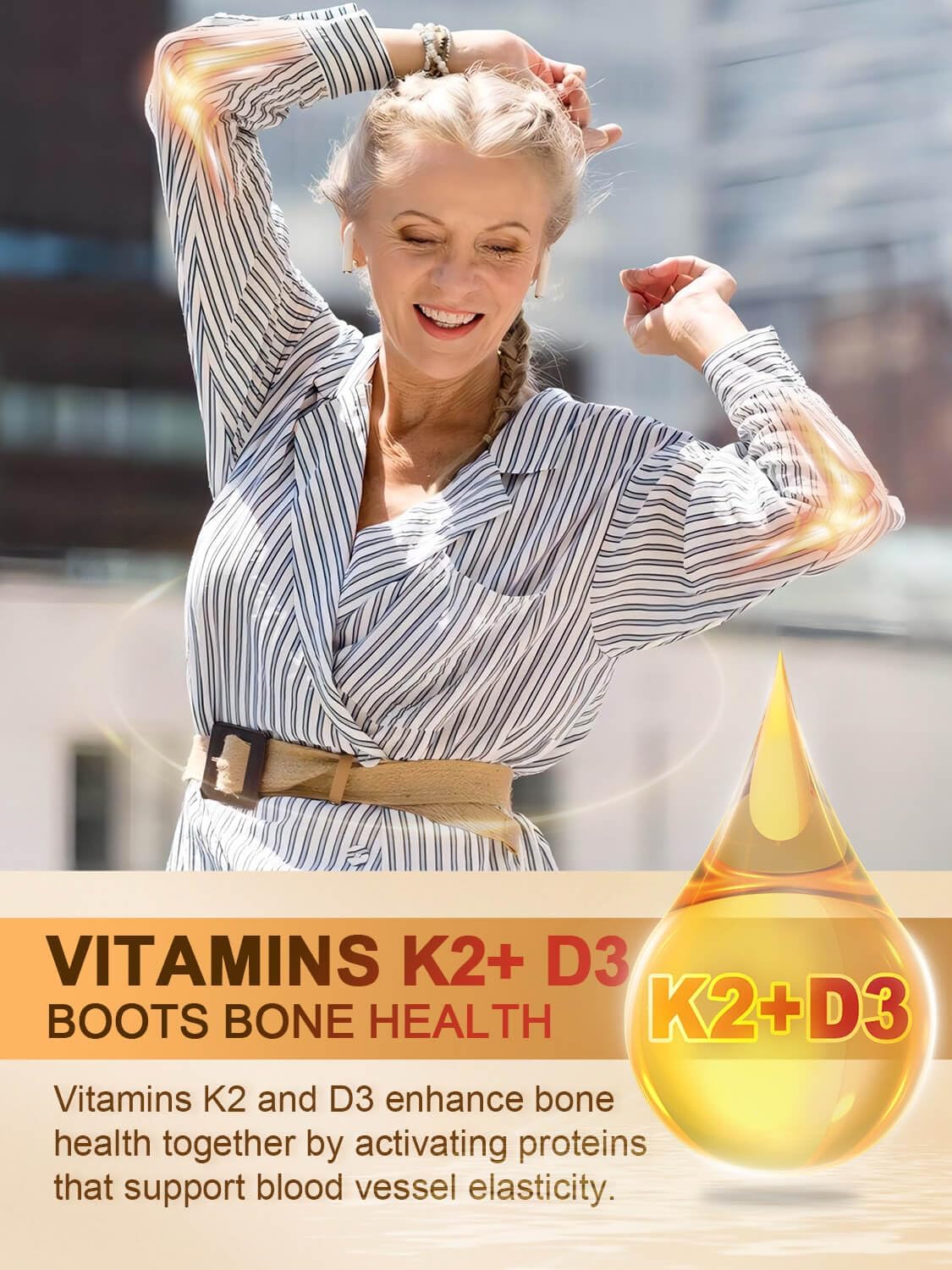 Woman flexing muscles with vitamins K2+D3 text overlay