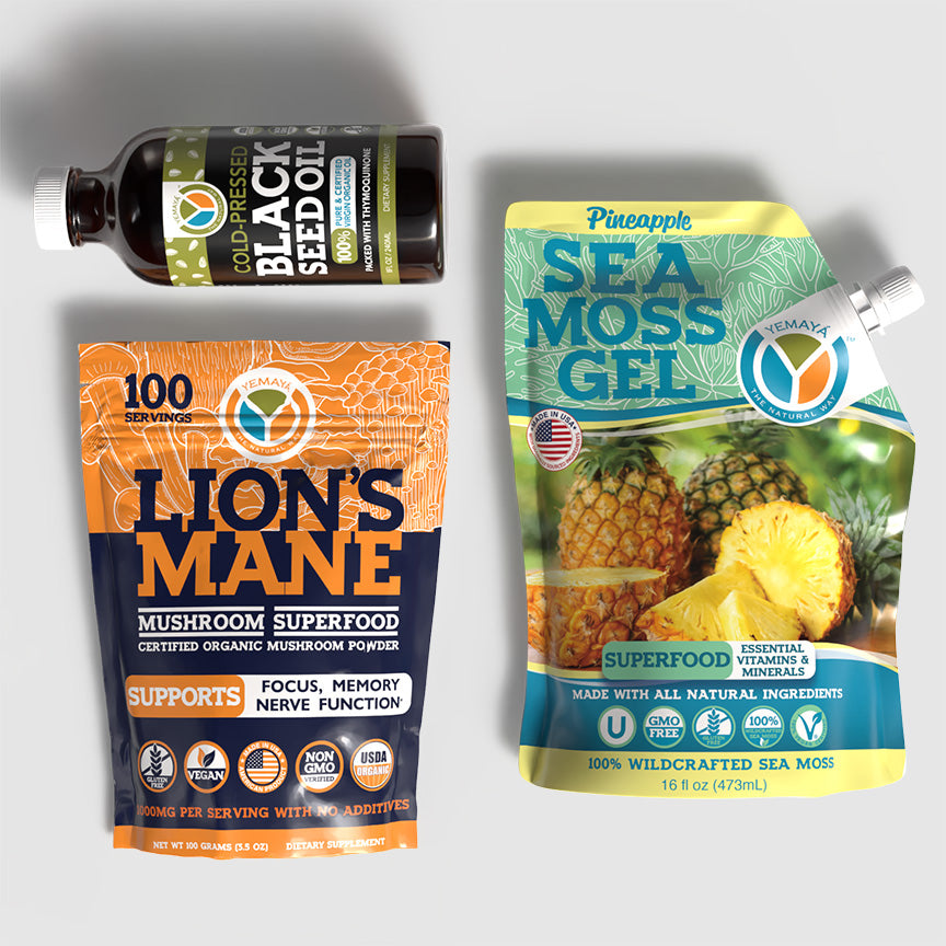 Three health and wellness products including a bottle, a pouch, and a gel pack on a gray background.