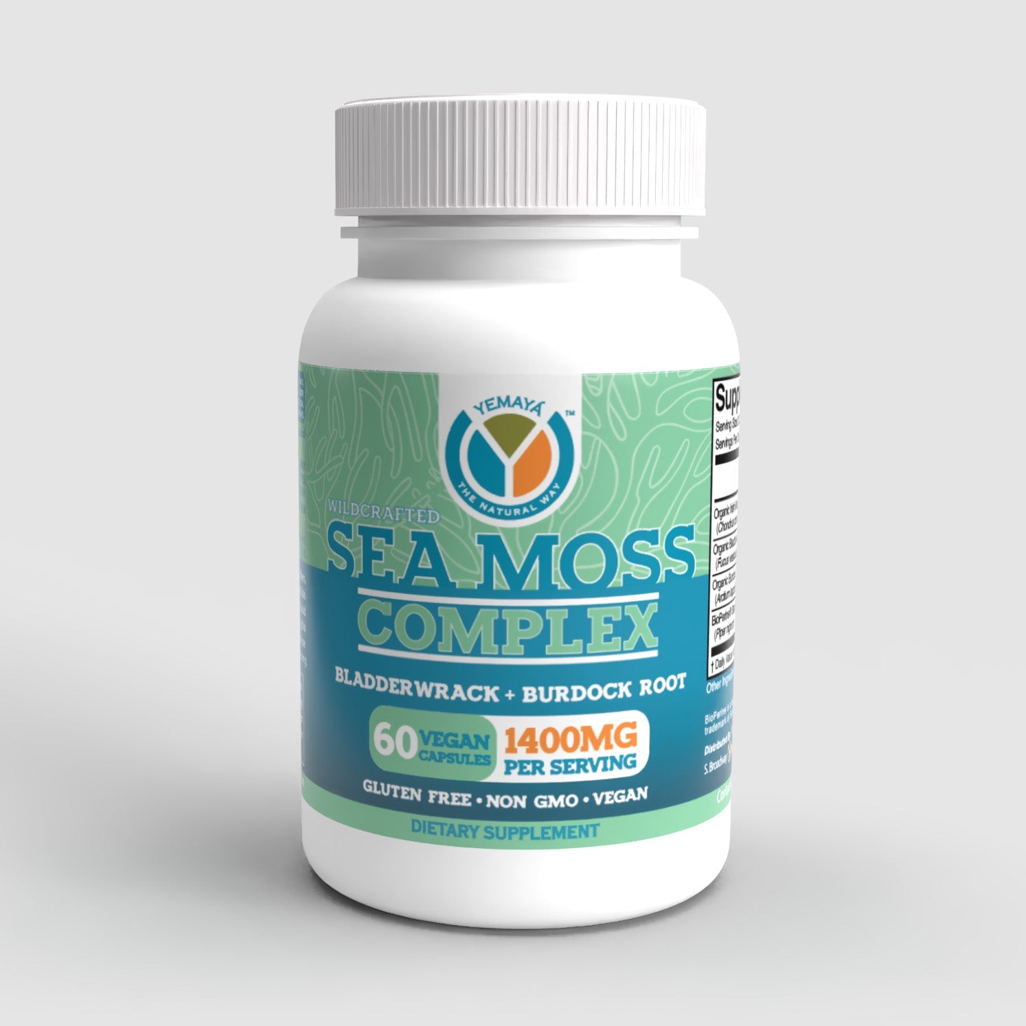 Supplement bottle labeled 'Sea Moss Complex' on a light gray background
