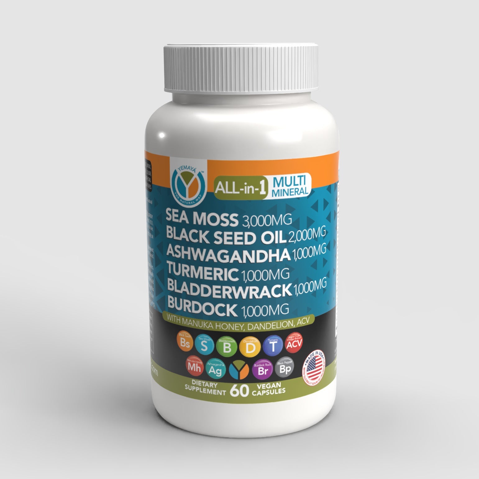 Supplement bottle with various health benefits listed on a gray background
