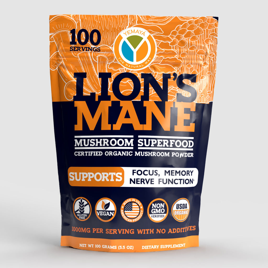 Package of Lion's Mane mushroom superfood powder with branding and product details on a white background