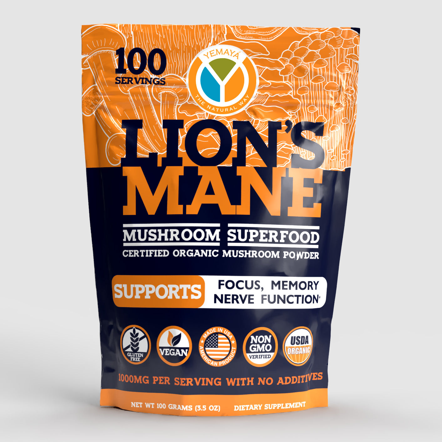 Package of Lion's Mane mushroom superfood powder with branding and product details on a white background