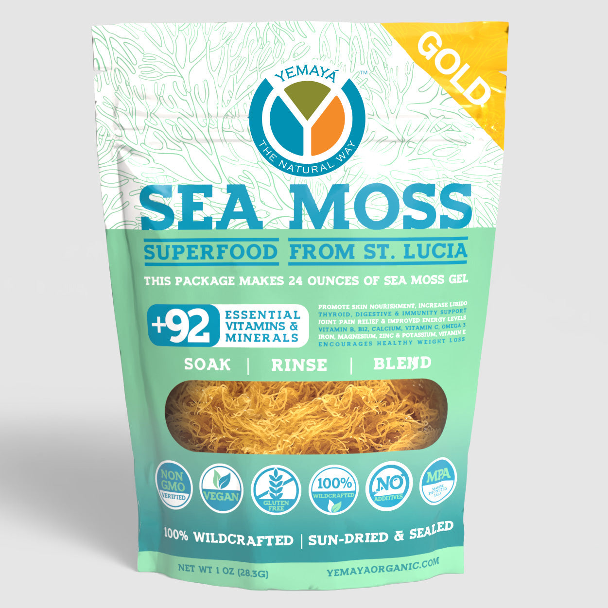 Yemaya Sea Moss packaging with branding and product details on a light gray background