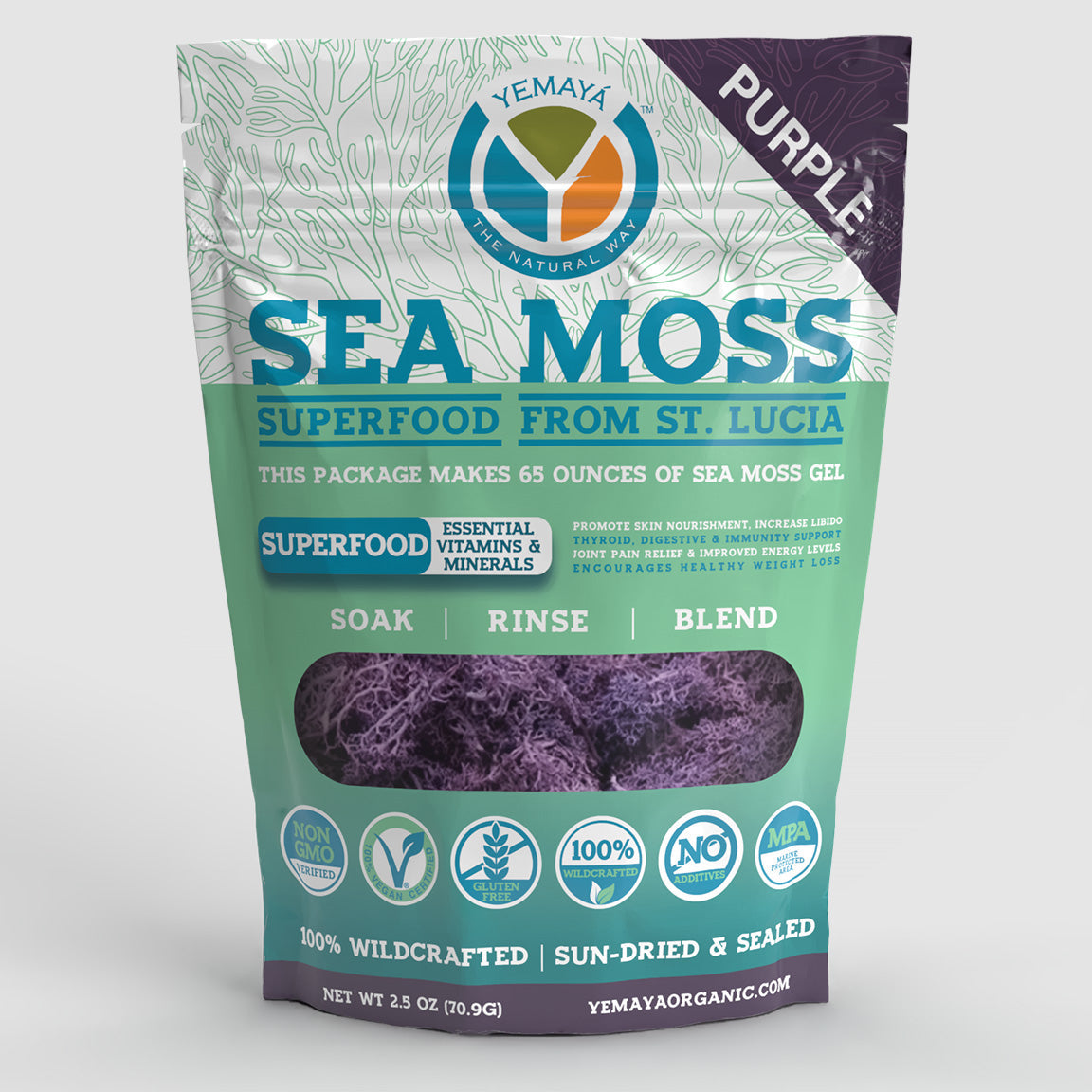 Yemaya Organic purple sea moss package on a white background