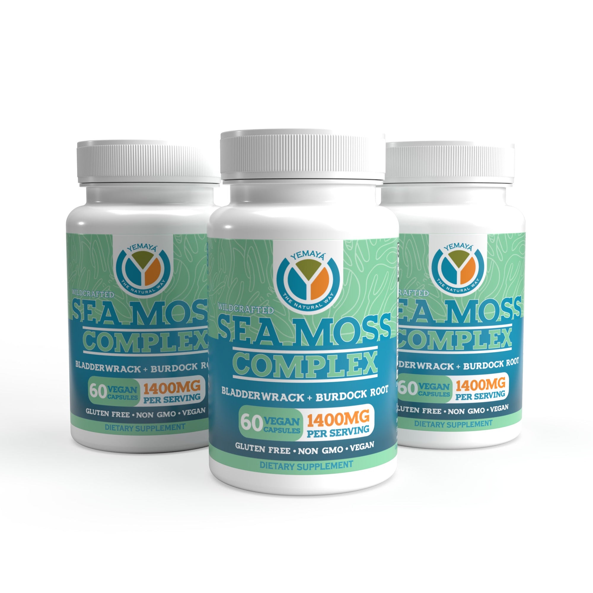 Three bottles of Sea Moss Complex supplement on a white background