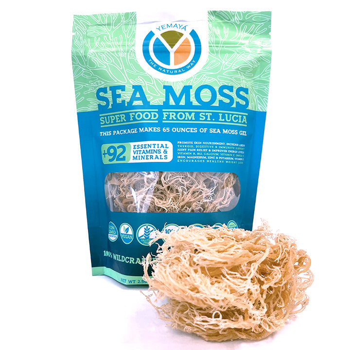 Yemaya Sea Moss package with sea moss on a white background