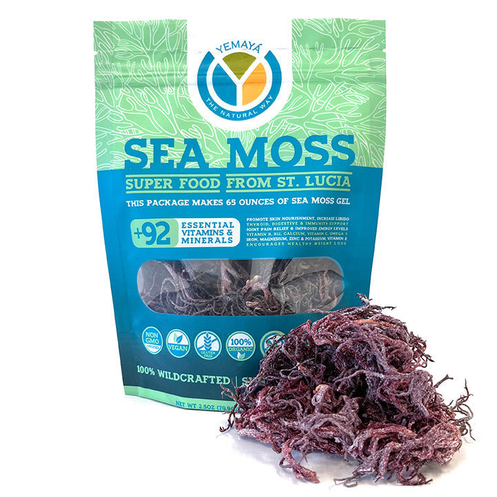 Packaged sea moss with Yemaya logo on a white background