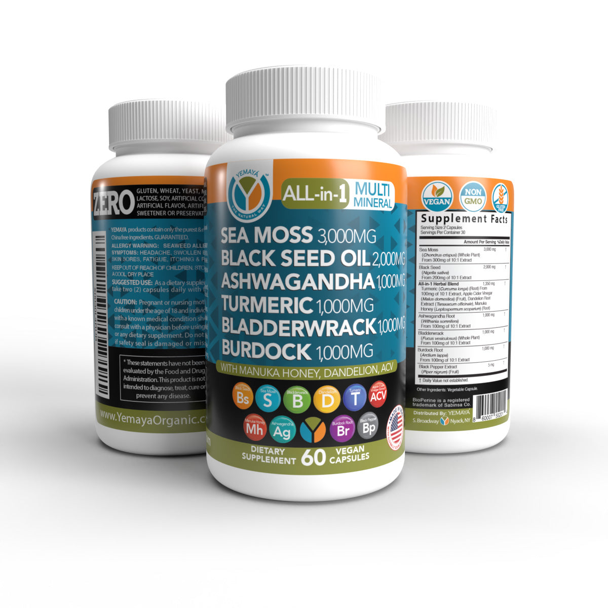 Supplement bottles with various health benefits on a white background