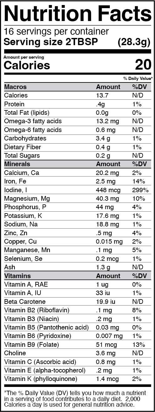 Nutrition facts label for a product with serving size, calories, and detailed nutritional information.
