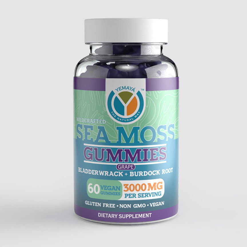 Bottle of Sea Moss Gummies with a white background