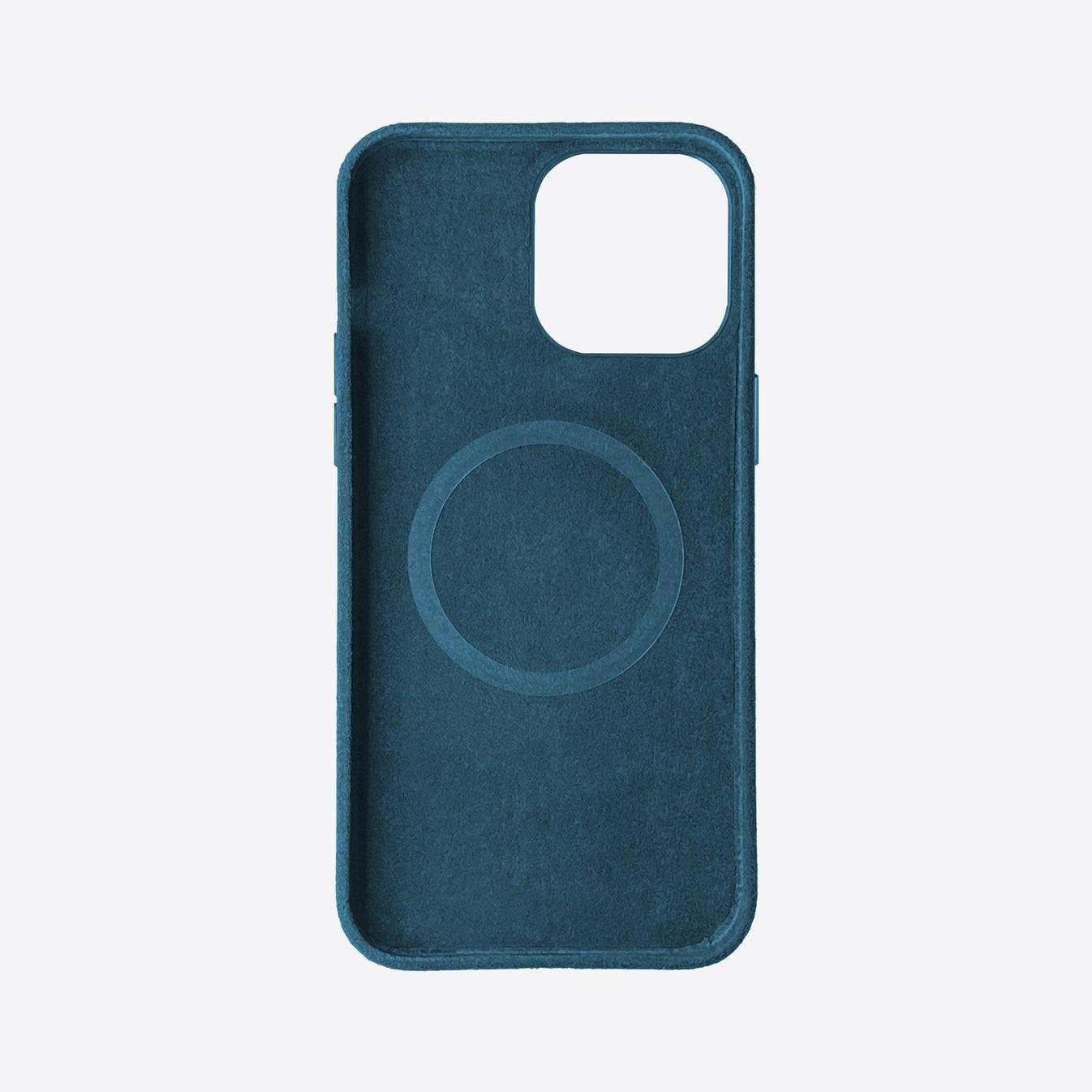 Blue phone case with a circular design on a light gray background