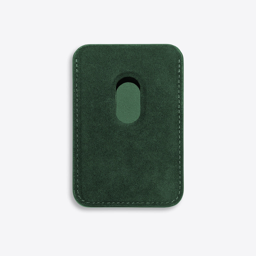 Green phone case with a cutout for a phone on a light gray background