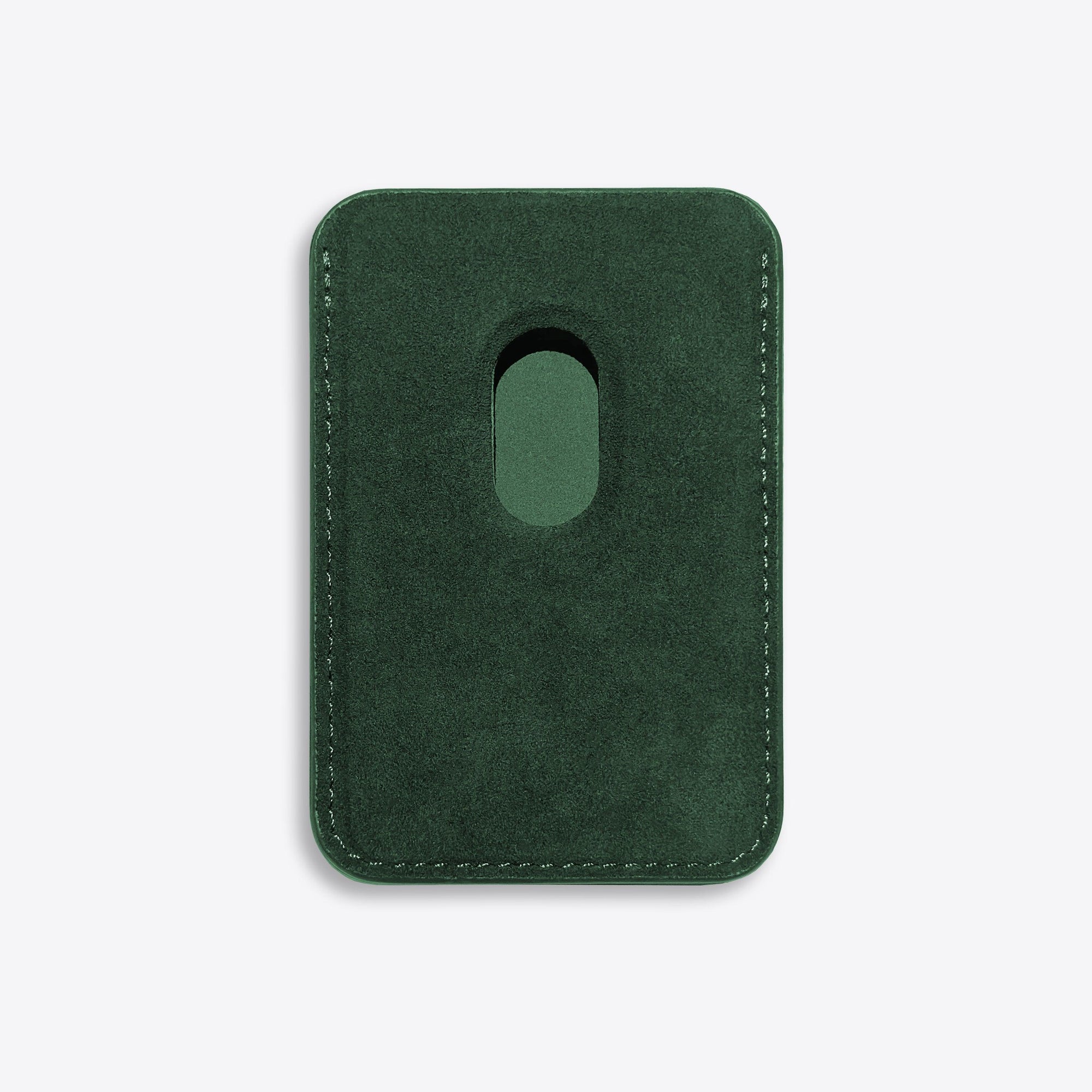 Green phone case with a cutout for a phone on a light gray background