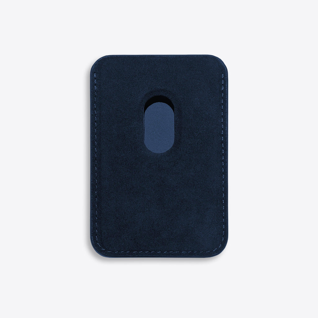 Navy blue phone case with a cutout for a phone on a light gray background