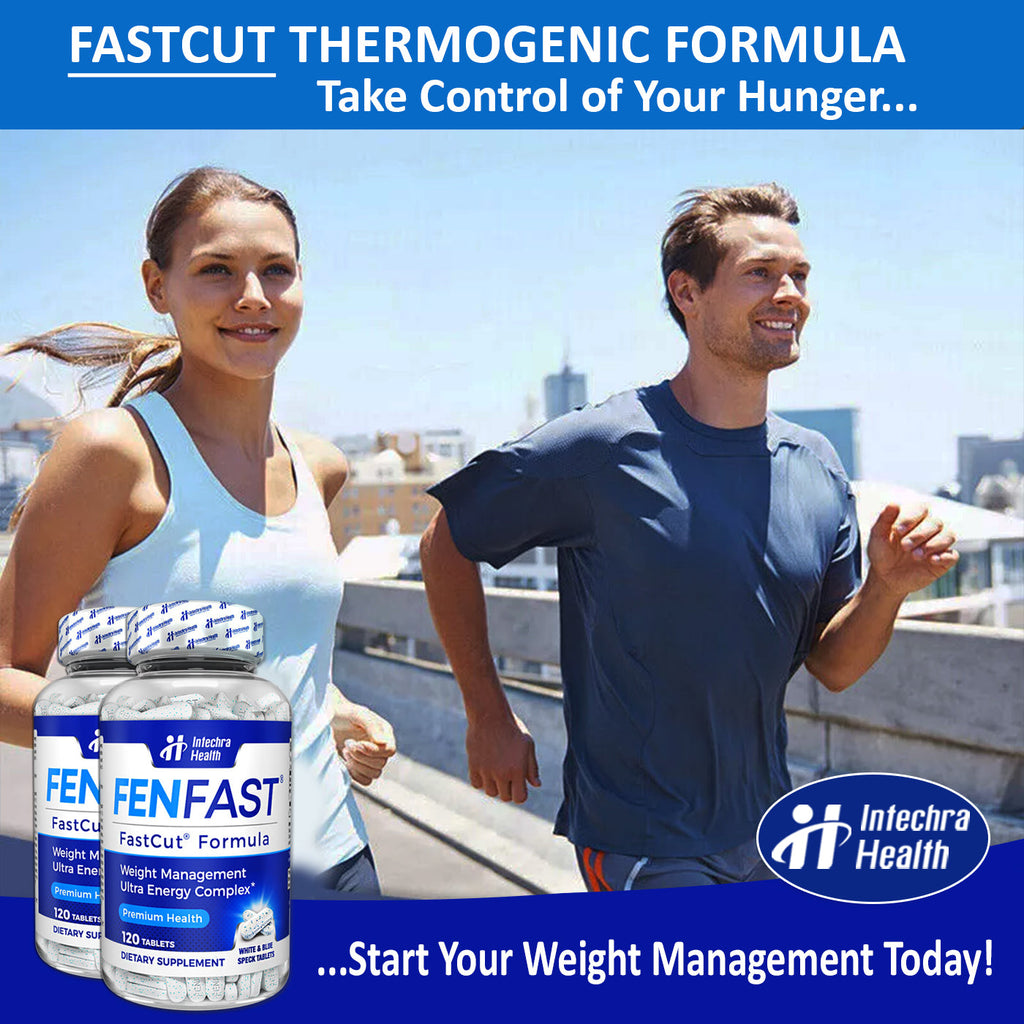 Two people running outdoors with Intelectra Health FastCut Thermogenic Formula bottles.